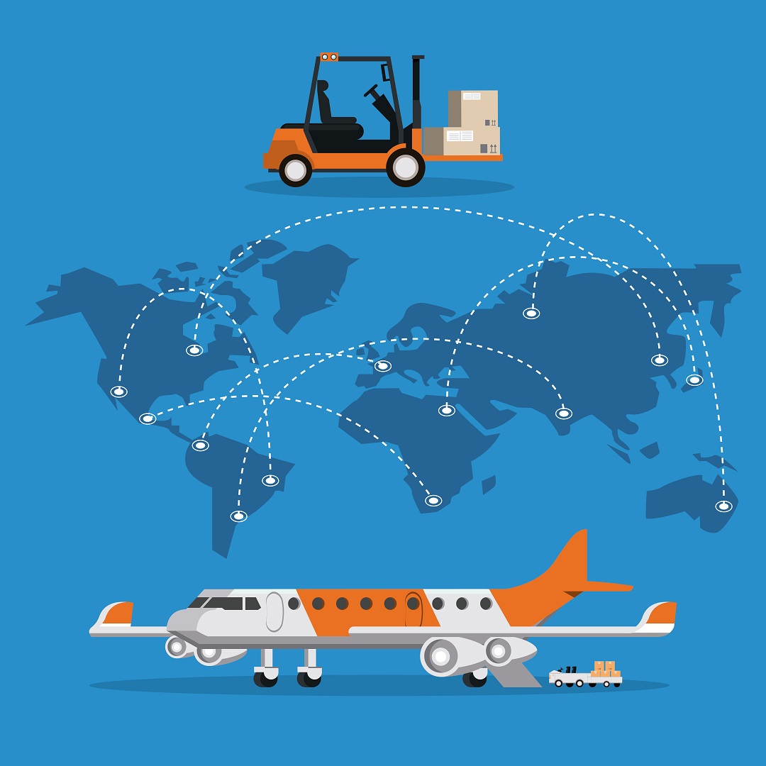 transportation commercial passengers airplane with forklift cargo making logistic for travel around the world cartoon vector illustration graphic design